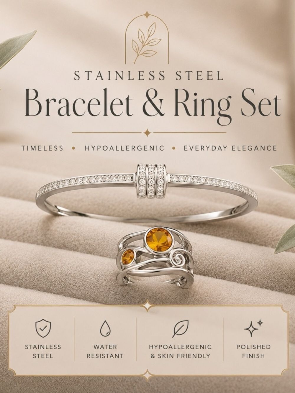 Stainless Steel Bracelet Ring Set Amber Gemstone